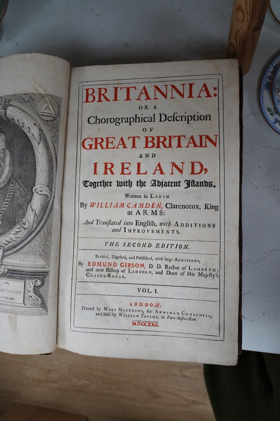 Camden, William-Britannia: or a Chorographical Description of Great Britain and Ireland... 2nd edition, revised ... with large additions, by Edmund Gibson. 2 vols. portrait frontis., some engraved plates (without the map